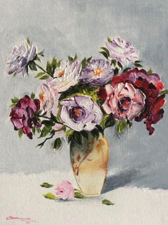 Palette-knife artwork of flowers in a vase